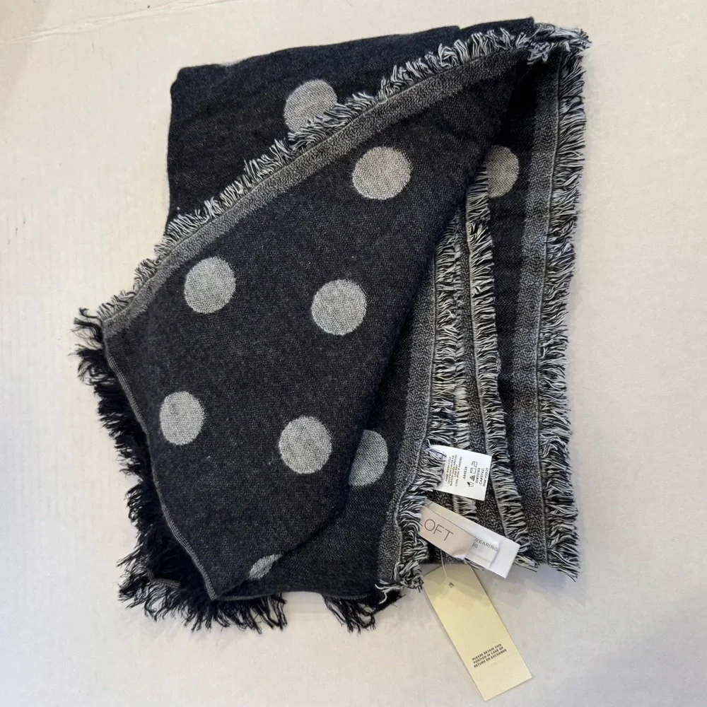 NEW LOFT Polka Dot Reversible Grey and Black Scarf Wrap Casual Cotton Blend NWT